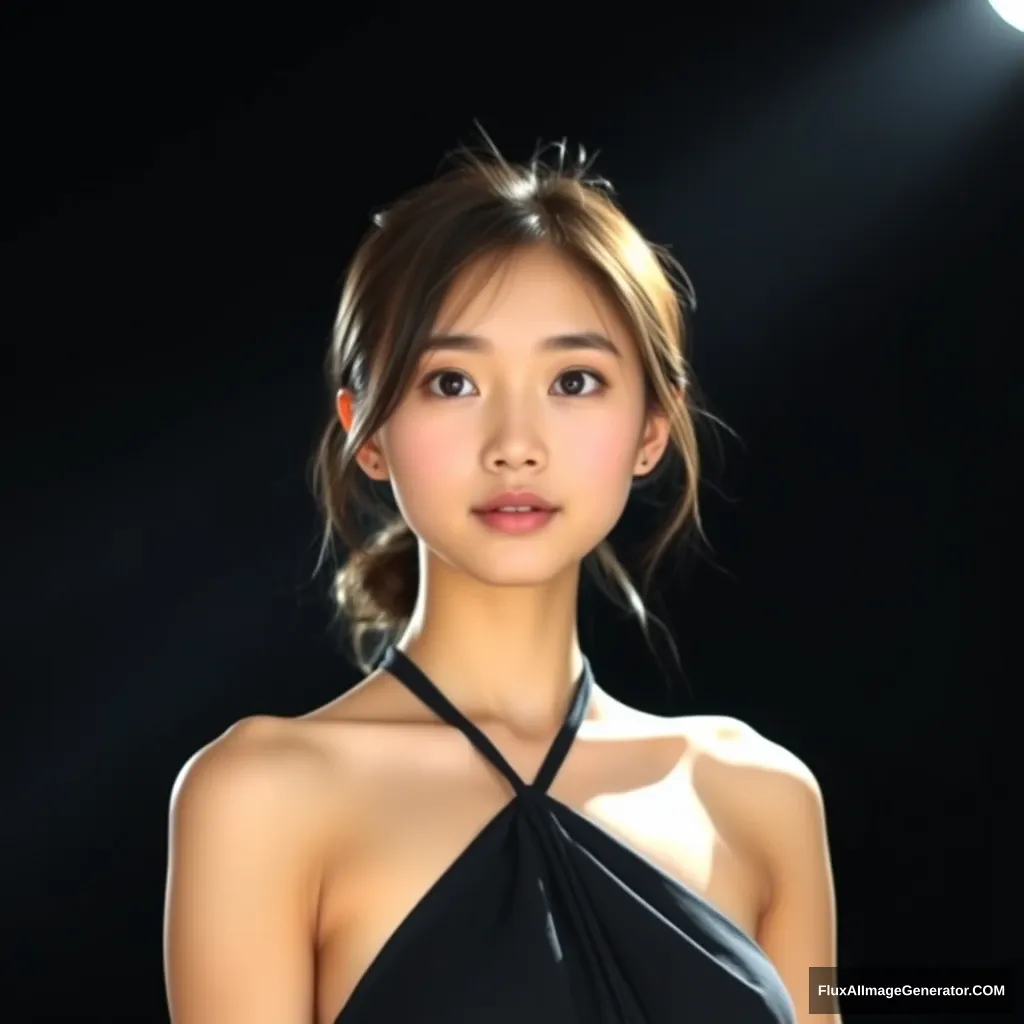 Background: Black background and a beam of light overhead, soft lighting. Light focused on the girl's face. A 21-year-old girl looked at me, Asian face. The girl was wearing a graceful halter top. - Image