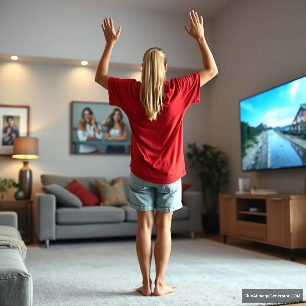 Side view of a skinny blonde woman in her early twenties standing in her massive living room. She is wearing an oversized red polo T-shirt that is slightly off balance on one shoulder, with the bottom untucked. She is also wearing light blue denim shorts and has no shoes or socks on. Facing her TV, she dives into the magical screen by slowly raising her arms.