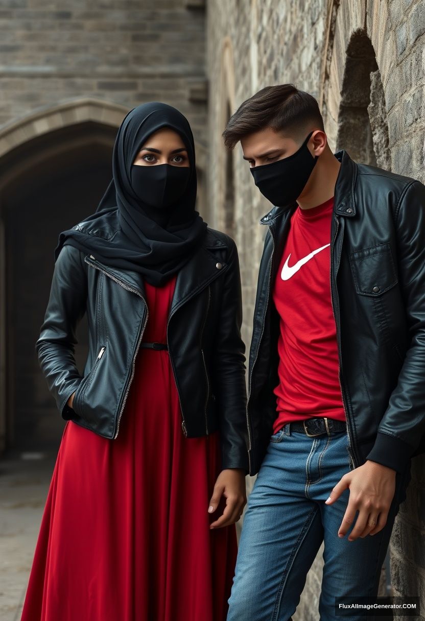 A biggest black hijab girl, beautiful eyes, face mask black, black leather jacket, biggest red longest dress, untall, lean at him,

Jamie Dornan, handsome, face mask black, fit and tough body, Nike red t-shirt, black leather jacket, jeans, tall man, lean against the wall

Hyper realistic, photorealistic, studio photography, Victoria's abandoned castle, gloomy. - Image