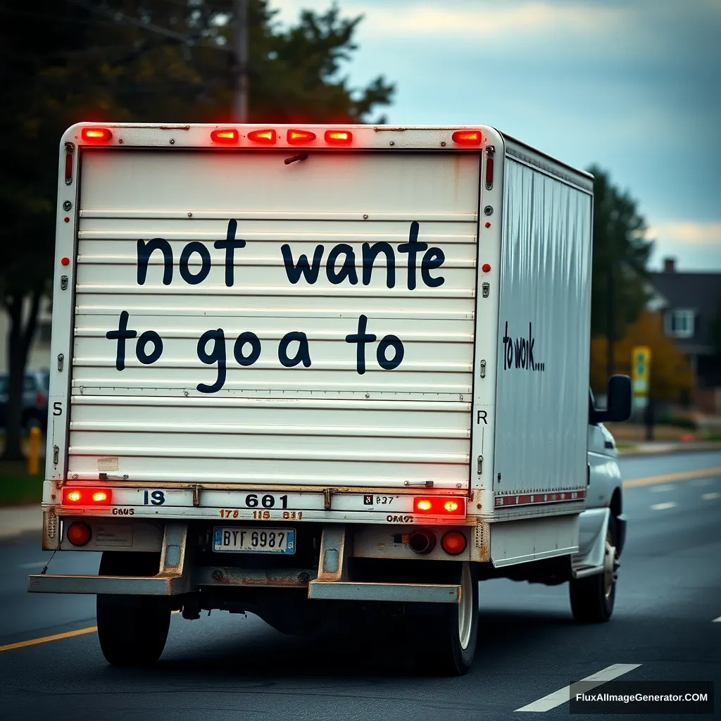 A truck with "not wanting to go to work" printed on it.