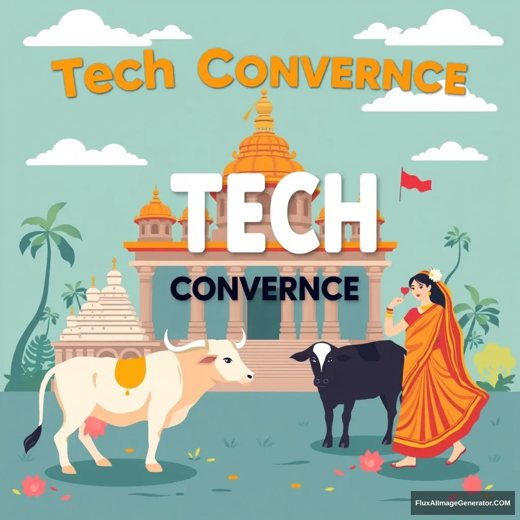 "Create a Tech conference banner with the common elements that denote Tamil Nadu including temples, cows, dancing women, etc."