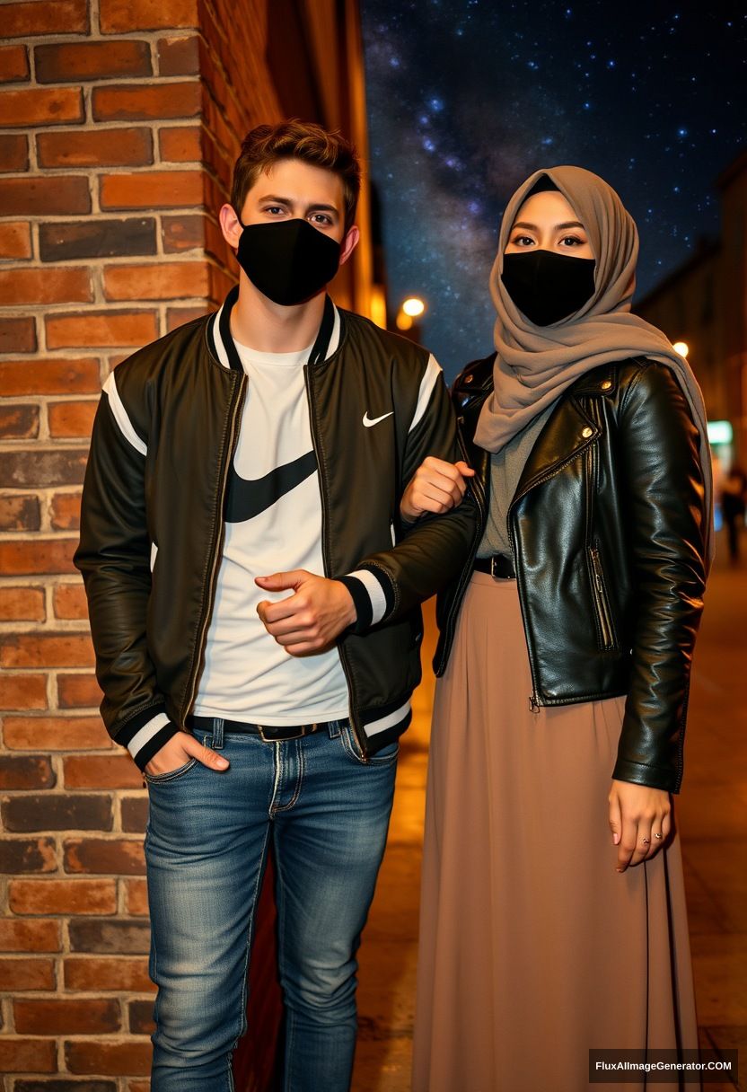 Jamie Dornan, youngest, black face mask, collage jacket, Nike t-shirt, jeans, tall man, fit body,

Dating, love with the biggest grey hijab Muslim girl, beautiful eyes, black face mask, leather jacket, the biggest longest skirt, slim, not tall girl, love holding his arm,

Standing at a brick wall, spoiler, in town, night scenery, Milky Way, hyper-realistic, photorealistic, street photography.