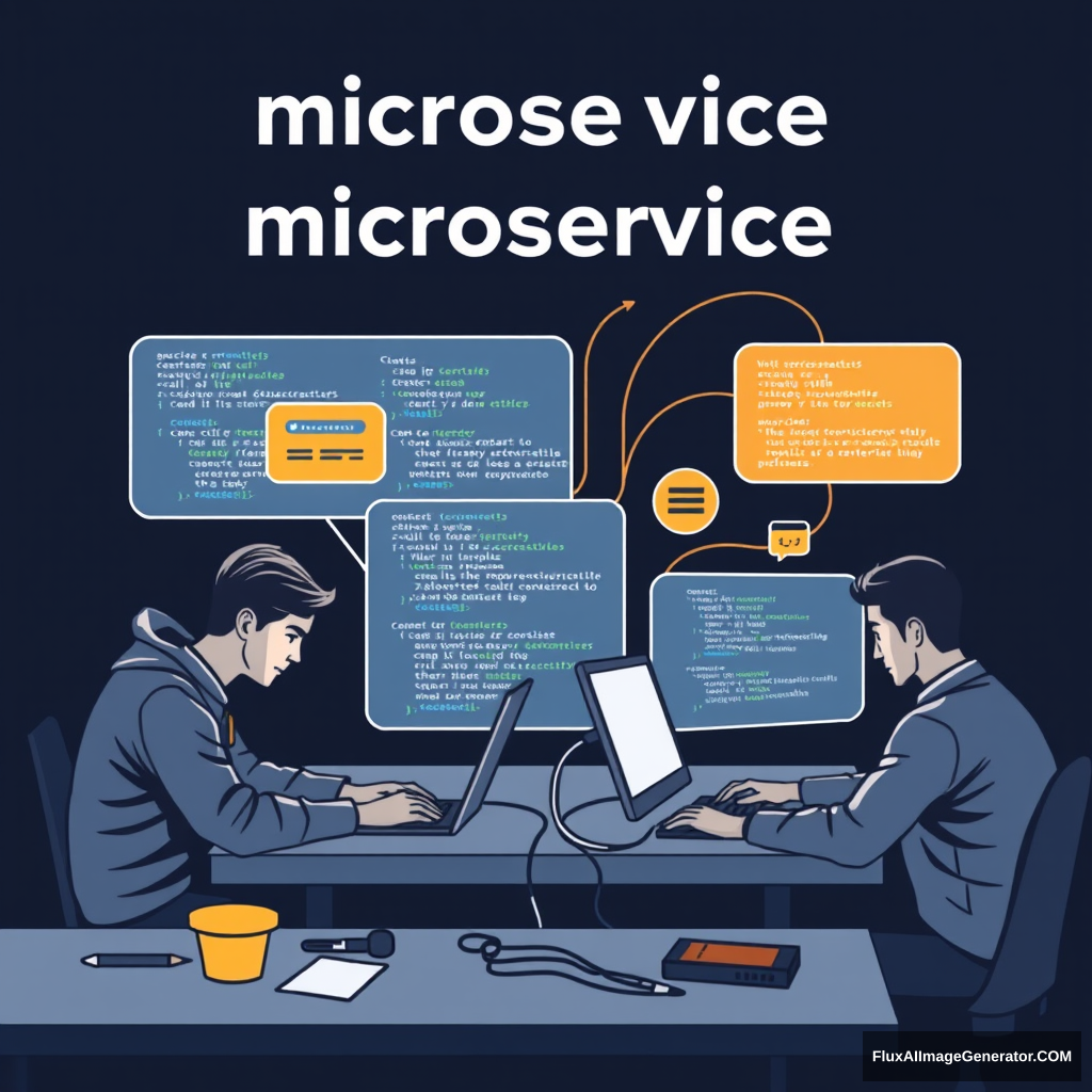 Team working on different services with separate code bases. Alt text: Developers collaborating on different microservices, showcasing the concept of independent development teams. - Image