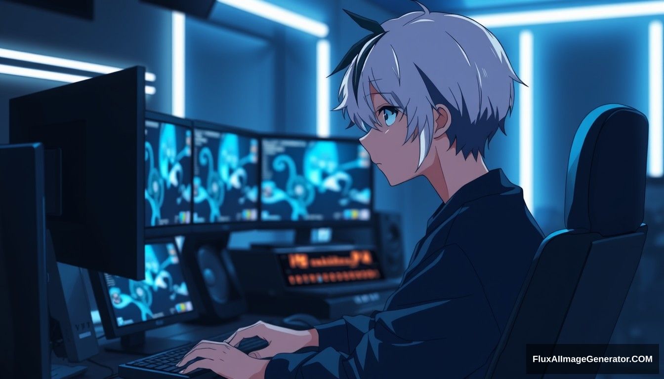 'an anime boy with half white and half black hair looking at his monitors in the streaming setup, a black room with white neon lights in the background' - Image