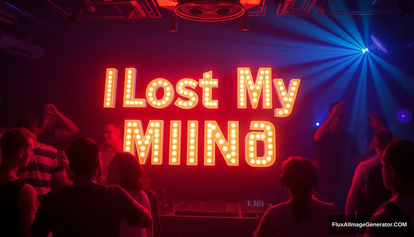 I lost my mind in the club, people dancing, glowing 3D text saying "Lost My Mind", Robot DJ Technosapien.