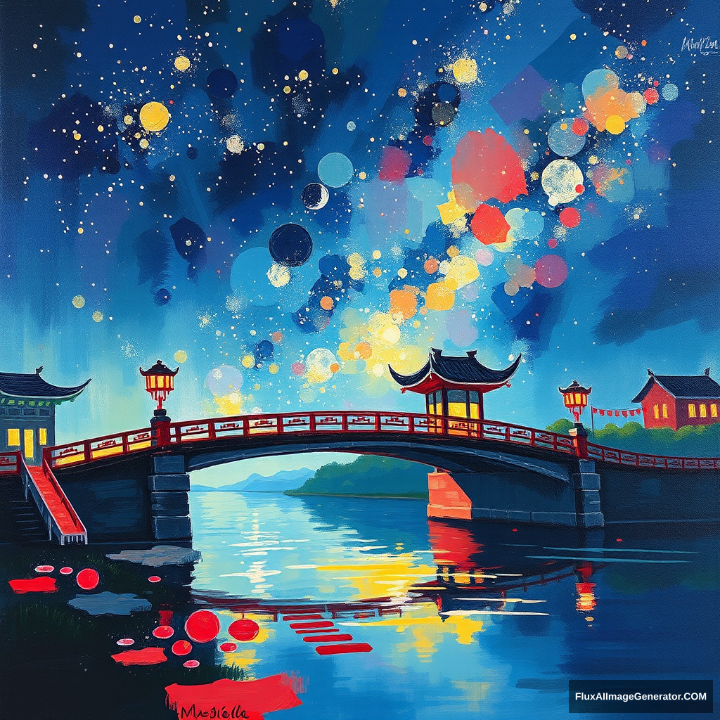 /imagine prompt: An impressionist take on the Qixi Festival story, capturing the ephemeral beauty of the magpie bridge under a shimmering night sky filled with the glow of the Milky Way. The depth is suggested through the interplay of light and color. Created Using: Loose brush strokes, vibrant color palette, atmospheric perspective, luminous night sky, --ar 1:1 --v 6.0