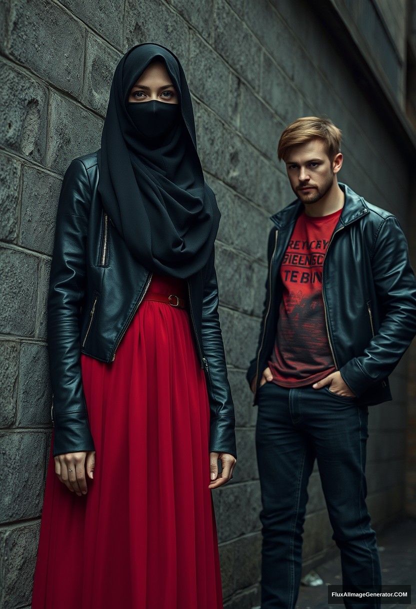 A biggest black hijab girl, beautiful eyes, face mask black, black leather jacket, biggest red longest dress, untall,

Jamie Dornan, handsome, face mask black, fit and tough body, metal red t-shirt, black leather jacket, jeans, tall man,

standing near wall together, 
Hyper realistic, photorealistic, street photography, Victoria's abandoned castle, gloomy, darkness. - Image