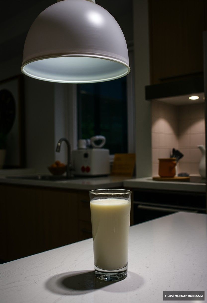 At a modern kitchen, at midnight, a gloomy lighting lamp, fresh milk in a glass on a table.