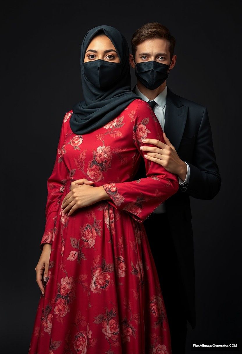 A biggest black hijab girl, beautiful eyes, face mask black, biggest red floral longest gown dress, not tall, standing behind him, love holding his arm,

Jamie Dornan body and face shot, handsome, youngest, face mask black, black coat suit, white shirt, black pattern tie, tall man, love standing behind her,

Hyper realistic, studio photography, photorealistic. - Image