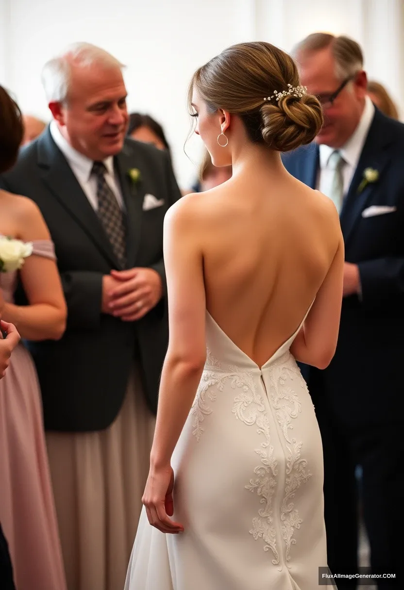 A petite young woman, sensitive, delicate, girly, backless strapless side-less low-waisted V open cut line contouring wedding dress. Fawning obediently mingling with fathers. Expectations. Perfect posture. Pale skin. - Image