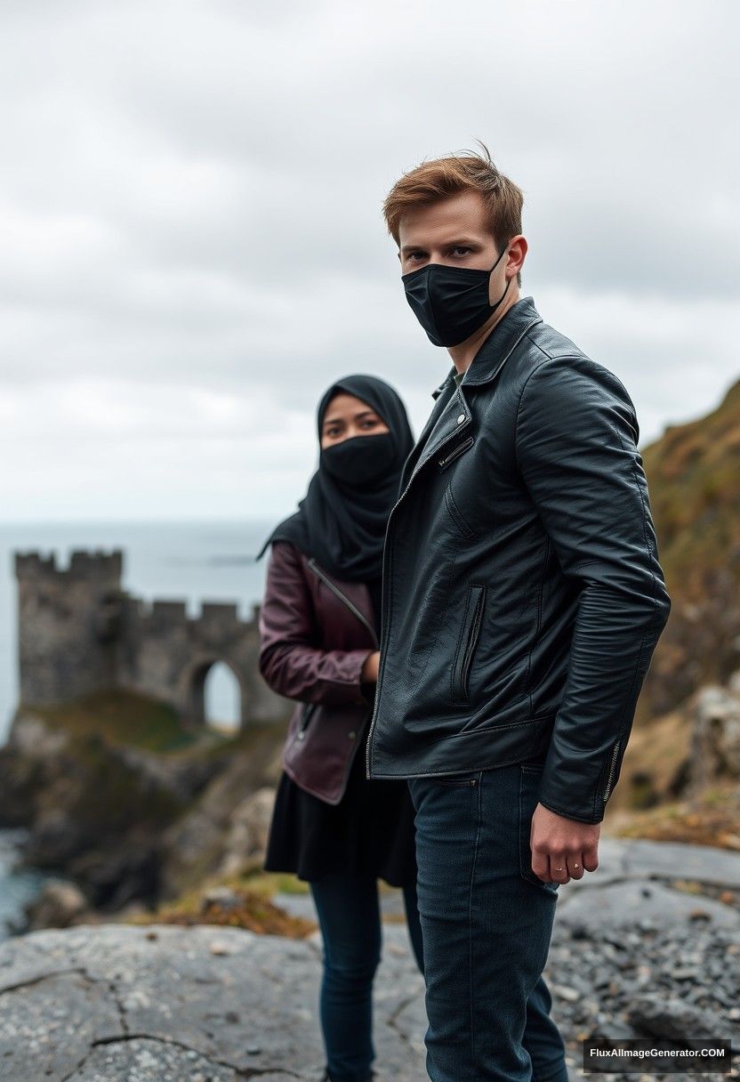 Jamie Dornan's head and body shot, handsome, youngest, face mask black, black leather jacket, jeans, dating, love with the biggest black hijab Muslim girl, not tall, beautiful eyes, face mask, maroon leather jacket, biggest black skirt, hyper-realistic, studio photography, full body photo, exploring at an abandoned castle, at sea, gloomy scenery.