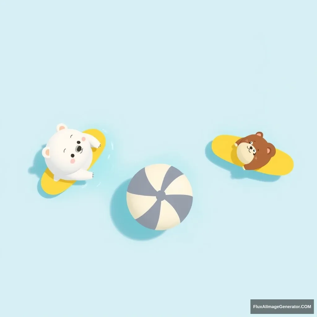 Cute cartoon style mobile phone wallpaper, top view of a white bear in a pool and a brown fat cat on yellow surfboards in the swimming pool playing with one big round ball, the water is clear and blue, cute, simple design, background in 3D render style. The background color is light blue.  - Image