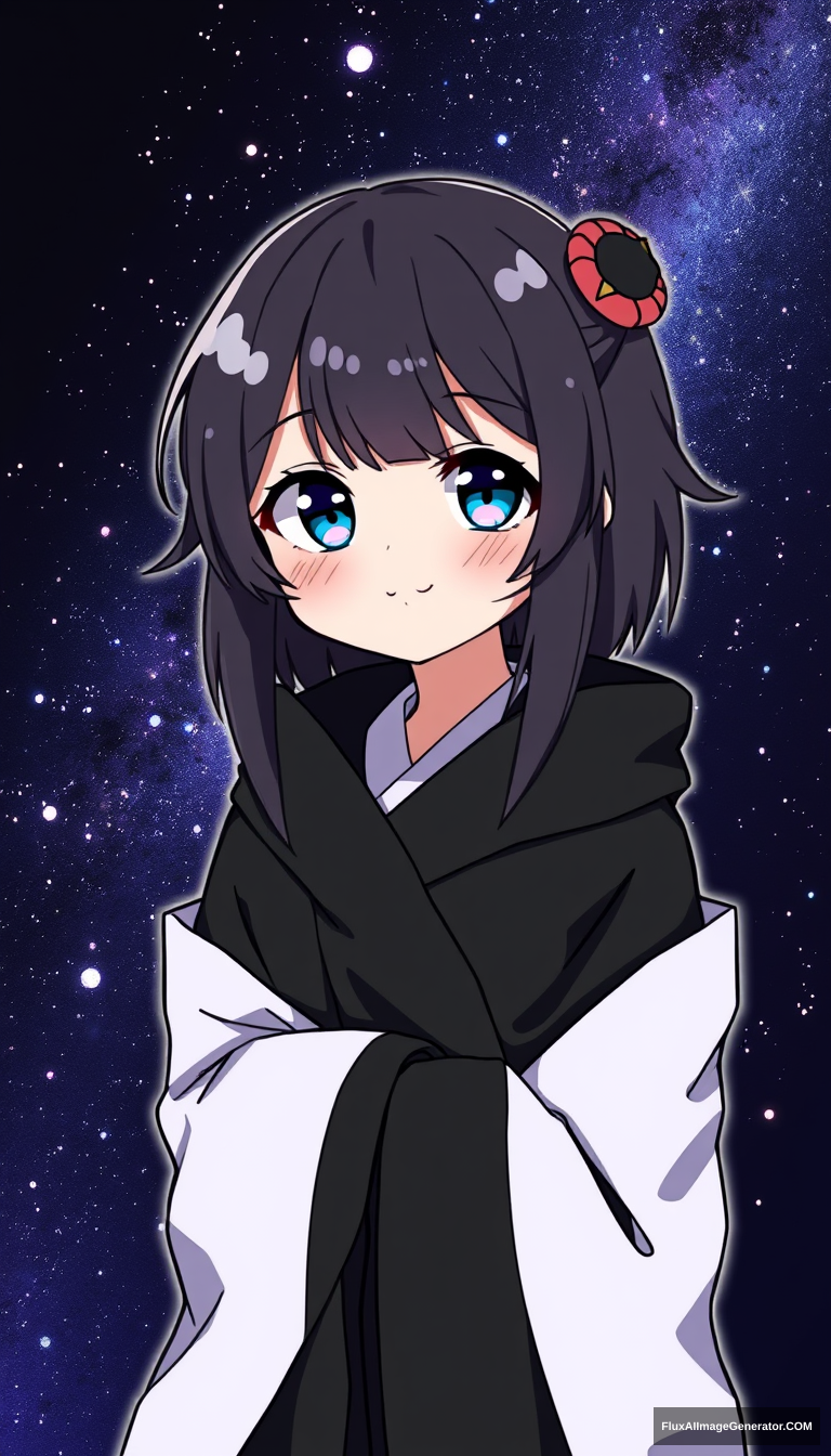 Galaxy anime girl. Cute. Random style. Black robe. Black girl.