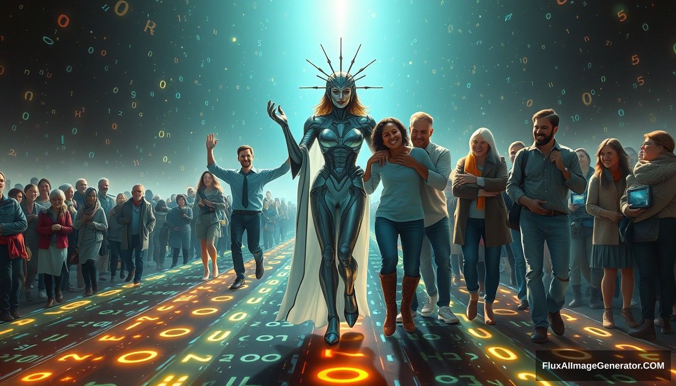 Hyper-realistic style featuring a powerful and inspiring image depicting the concept of blockchain and decentralization. In the foreground, a futuristic and sci-fi styled goddess symbolizing blockchain and decentralization leads the people towards a bright future. The goddess appears mostly human, with only about 10% of her body showing high-tech elements, such as a mechanical arm or eye. She stands on a digital road made of glowing lines and various random characters, including 0s and 1s, symbolizing the path of digitalization. She is surrounded by families and individuals of predominantly European descent who are joyous and supportive, embracing and helping each other. The scene is grand and panoramic, with light shining from the front, illuminating the entire scene.