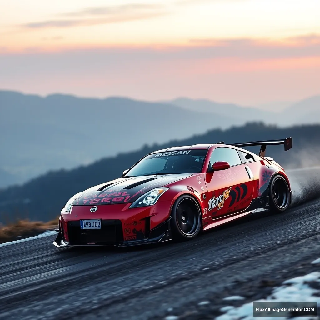 Create an image of a Nissan 350z drifting on a Japanese mountain. - Image