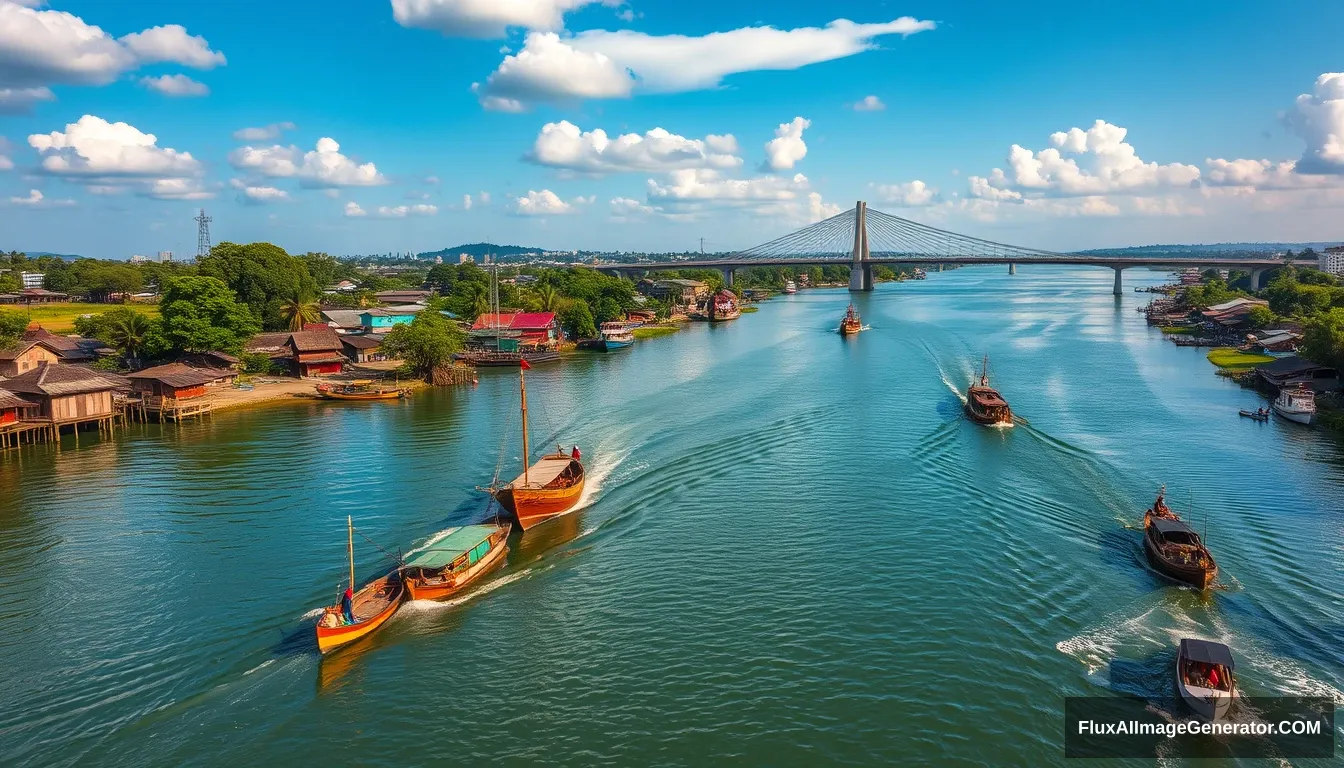 Ultra HD, realistic, cinematic view of the Musi River, wide river with clear blue water reflecting the sky, traditional boats and modern ships navigating the water, lush green banks with a mix of traditional stilt houses and modern buildings, Ampera Bridge prominently in the background, vibrant sunlight casting warm hues, people engaging in daily activities along the river, serene yet lively atmosphere. - Image