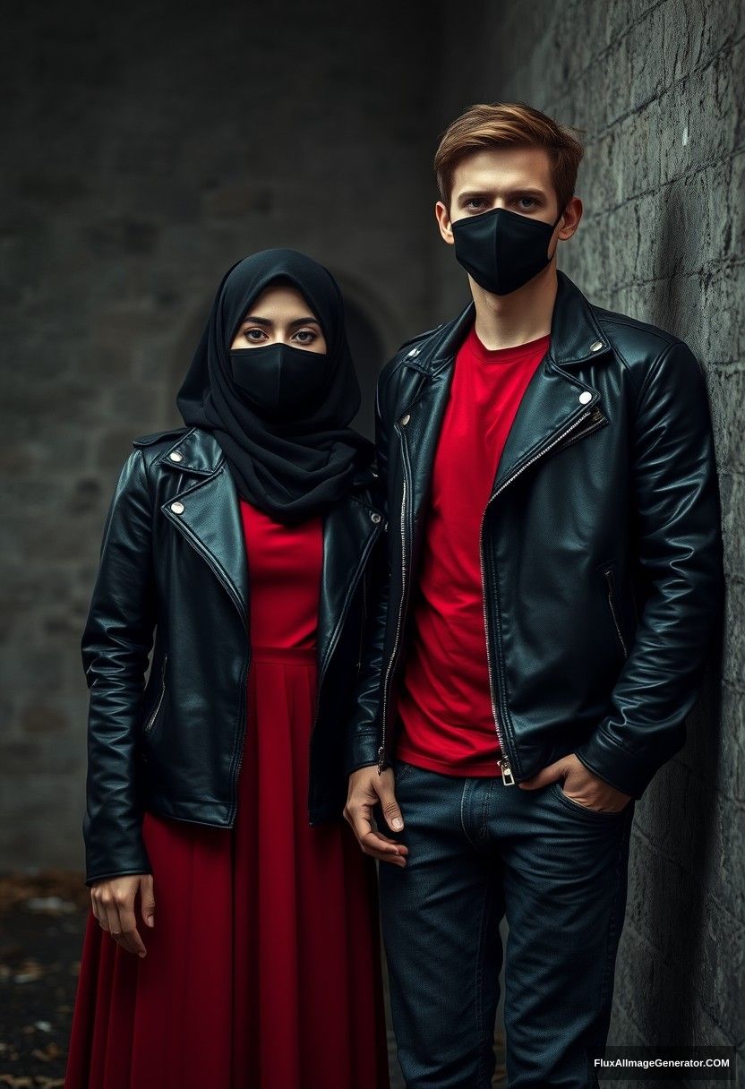 A biggest black hijab girl, beautiful eyes, face mask black, black leather jacket, biggest red longest dress, not tall,

Jamie Dornan, handsome, face mask black, fit and tough body, Nike red t-shirt, black leather jacket, jeans, tall man,

standing lean against the wall together,
Hyper realistic, photorealistic, studio photography, Victoria's abandoned castle, gloomy, darkness. - Image