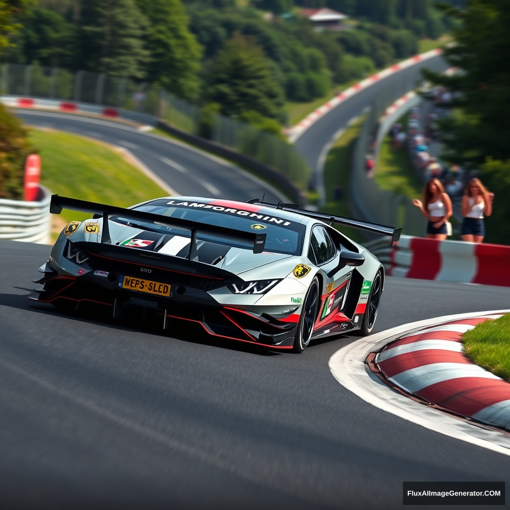 Create an image of a Lamborghini Super Trofeo race car with a sleek grey, red, and black livery, adorned with an Italian flag, speeding up the famous Eau Rouge corner at the Spa-Francorchamps circuit. The scene should capture the car's dynamic motion and power as it climbs the challenging incline. On the side of the track, a group of enthusiastic girls are cheering, adding energy and excitement to the atmosphere. The background should reflect the lush green surroundings and iconic features of the Spa-Francorchamps circuit, emphasizing the thrilling nature of the race. - Image