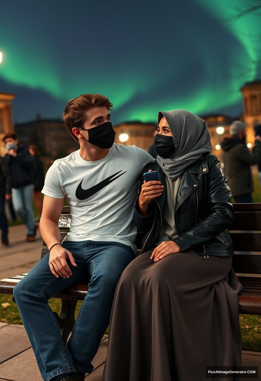 Jamie Dornan, tall, young, black face mask, white Nike t-shirt, jeans,  
dating in a romantic setting with a gray hijab Muslim girl, beautiful eyes, black face mask, leather jacket, very long and large skirt, not a tall girl,  
sitting together on a park bench, talking to each other, in town, strangers in the background, photorealistic, street photography, selfie photos, night scenery, aurora borealis. - Image