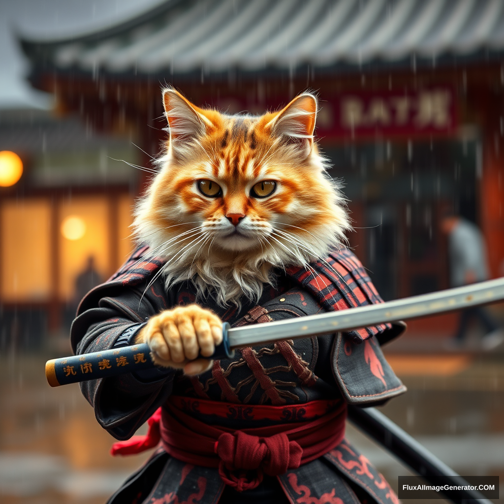 "British cat samurai in the rain."