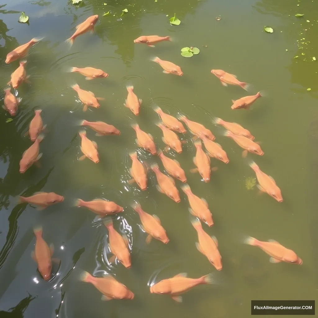 Many babies swim in the pond.