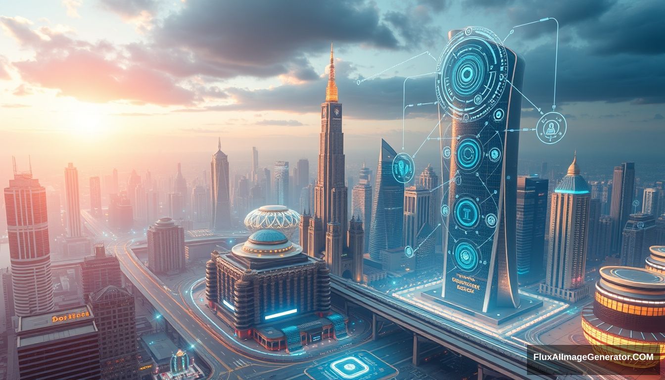 Futuristic cityscape, AI governance, digital control, holographic interfaces.