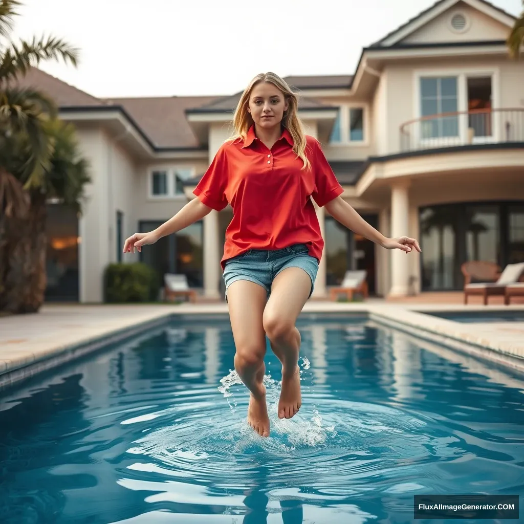 Front view of a young blonde skinny woman who is in her early twenties is in her massive backyard wearing a massively oversized red polo t-shirt which is a bit off balance on one of the shoulders and the bottom part of her t-shirt is tucked in on all sides. She is also wearing small light blue denim shorts and she is wearing no shoes or socks. She jumps into her massive luxurious pool and her arms are in the pool making a small splash. - Image