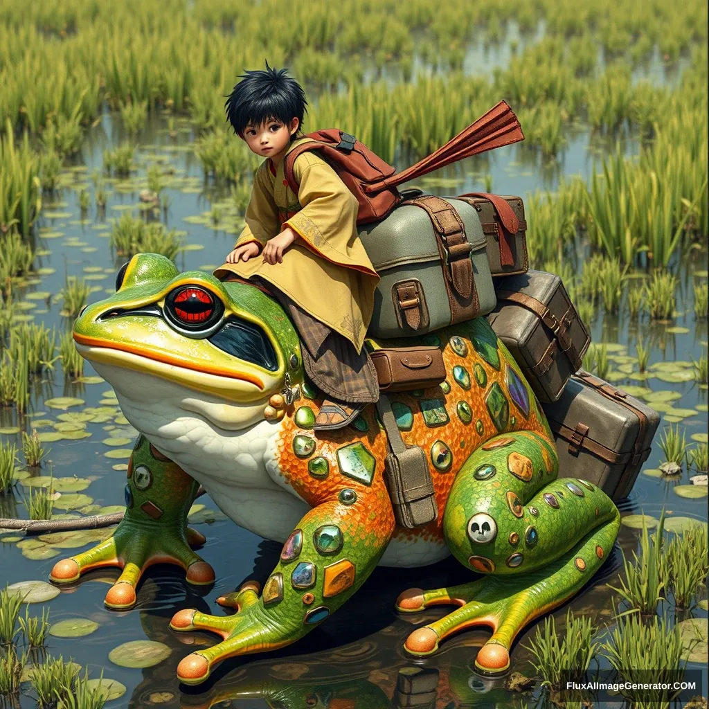 A young person dressed in Japanese clothing is riding a giant frog, which is carrying a lot of luggage on its back. The frog's body glimmers with a gem-like texture of many colors. The entire scene has high saturation, set against a marsh background.