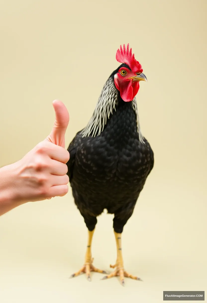 portrait, hand, thumb up, full body, chicken head,