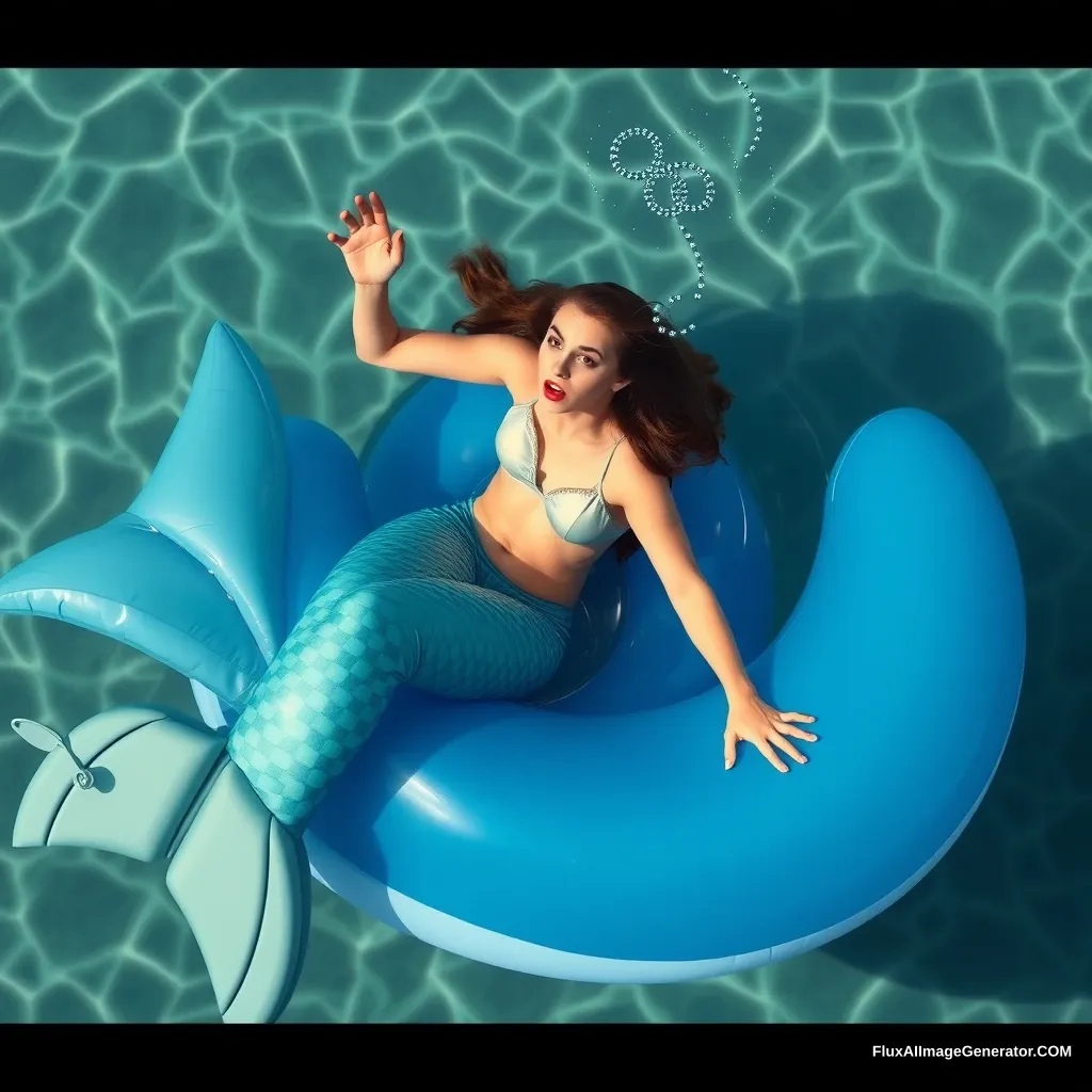 Photograph two of five of a sequence clearly depicting a glamour model panicking and freaking out as she is turned into an inflatable mermaid pool toy.