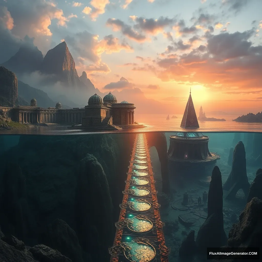 A surreal landscape where half the scene is ancient Atlantis and the other half is a far-future underwater city, connected by a shimmering time bridge.