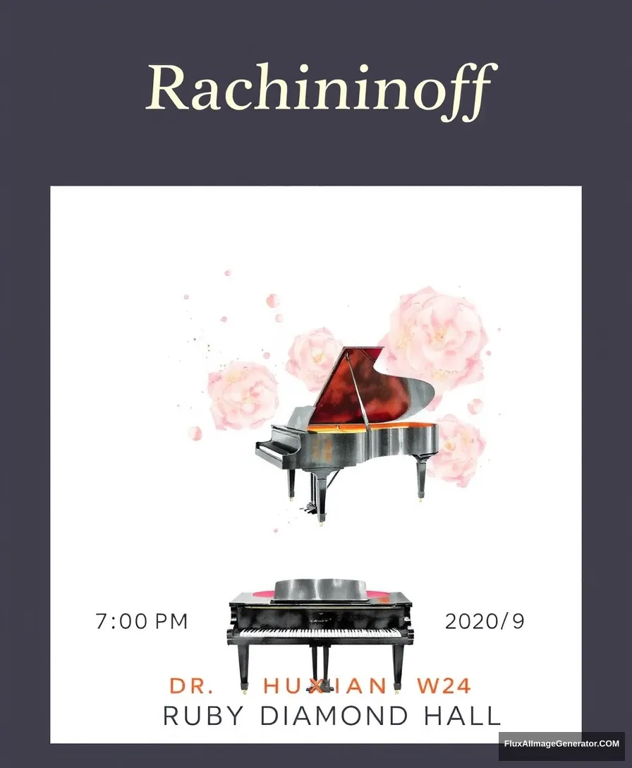 Title: “Rachmaninoff” displayed at the top center

include the following texts line by line on the bottom of the poster:
“7:00 PM August 20, 2024” 	
“Dr. Huixian Wu” 	
“Ruby Diamond Hall” 	

Visual Elements: A grand piano centered at the bottom with minimal vigorous colors watercolor style.