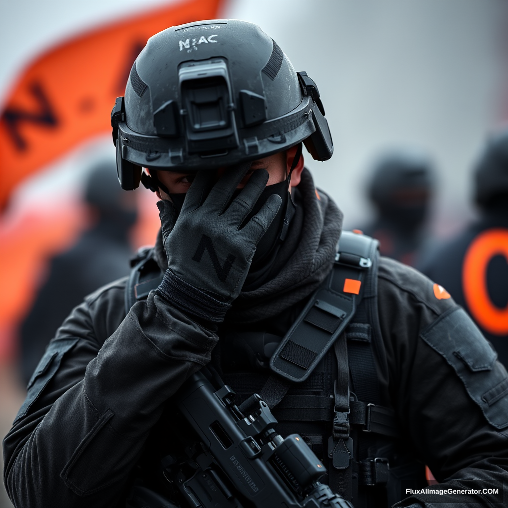 A soldier in dark gear covered his face with his hand in shame, holding a flag with the black and orange inscription "N.A.C."