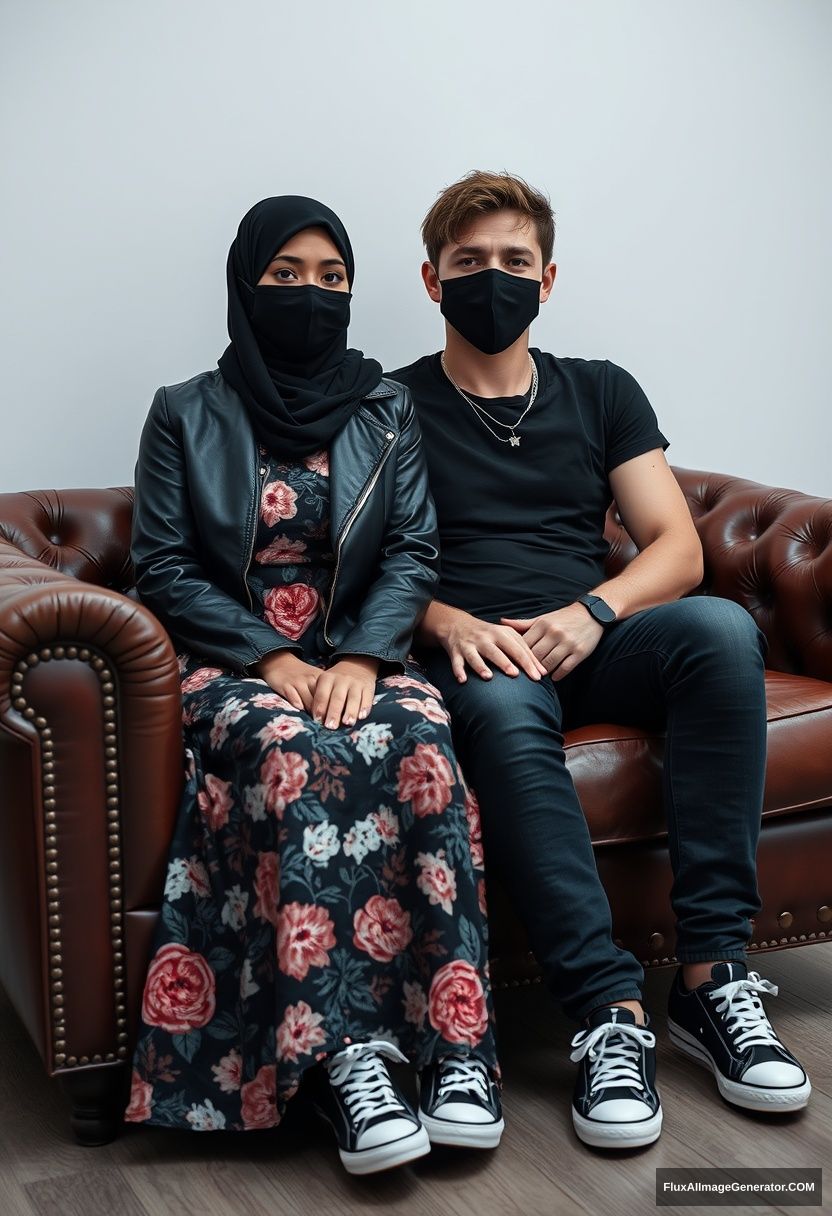 A black hijab girl, slim girl, beautiful eyes, black face mask, black leather jacket, biggest floral long dress, black leather sneakers, sitting on a leather single wing sofa, Jamie Dornan, youngest, silver necklace, black T-shirt, jeans, black leather sneakers, tall man, black face mask, fit body, sitting near her, hyper-realistic, studio photography.