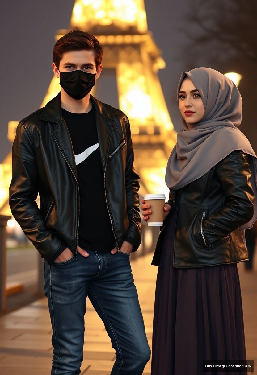 Jamie Dornan, young, black face mask, black leather jacket, Nike t-shirt, jeans,

Dating, love with the biggest grey hijab Muslim girl, beautiful eyes, black face mask, leather jacket, biggest longest skirt, cute,

standing near the Eiffel Tower, night scenery, holding a cup of hot coffee, hyper realistic, photorealistic, street photography. - Image