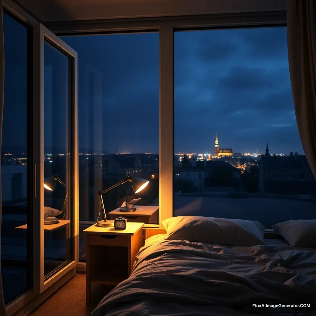 Glass window, modern bedroom apartment in France, a study lamp lighting, midnight scenery, 2:15 AM on a small clock at a small desk behind the bed, hyper-realistic, photorealistic. - Image