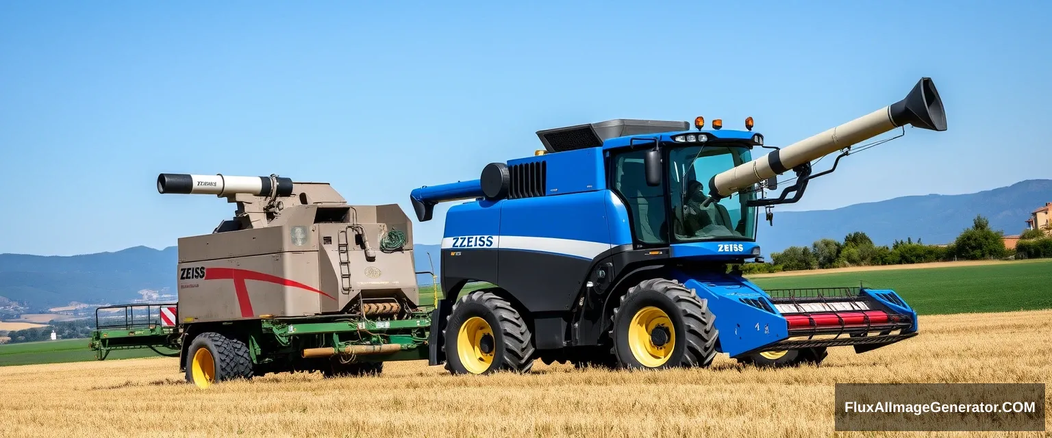 High resolution photography of a tractor pulling a spectrometer in a field in Tuscany. The combine harvester has a ZEISS logo on it and is blue. The sky is blue as well, and in the background, there are mountains.