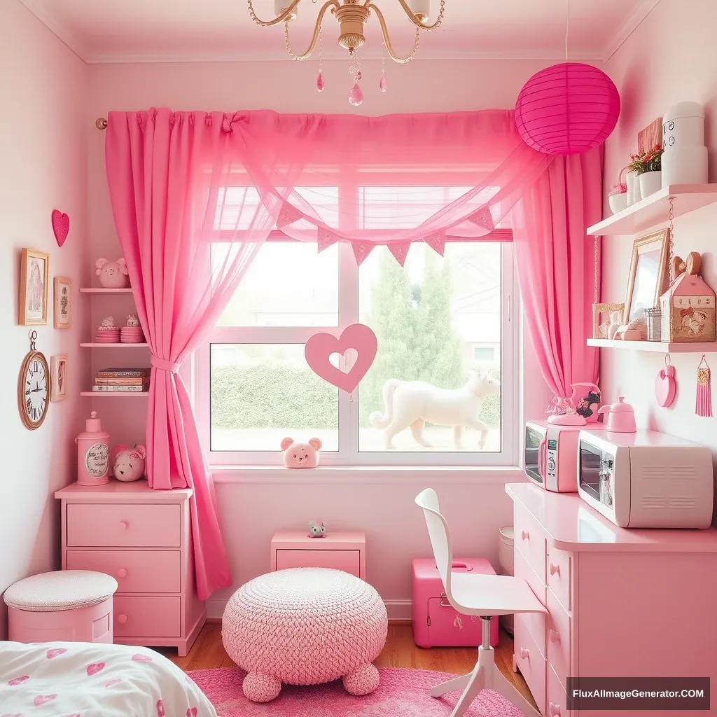 Make a girl’s room warm and cozy, with pink furniture, decorations, and small appliances. - Image