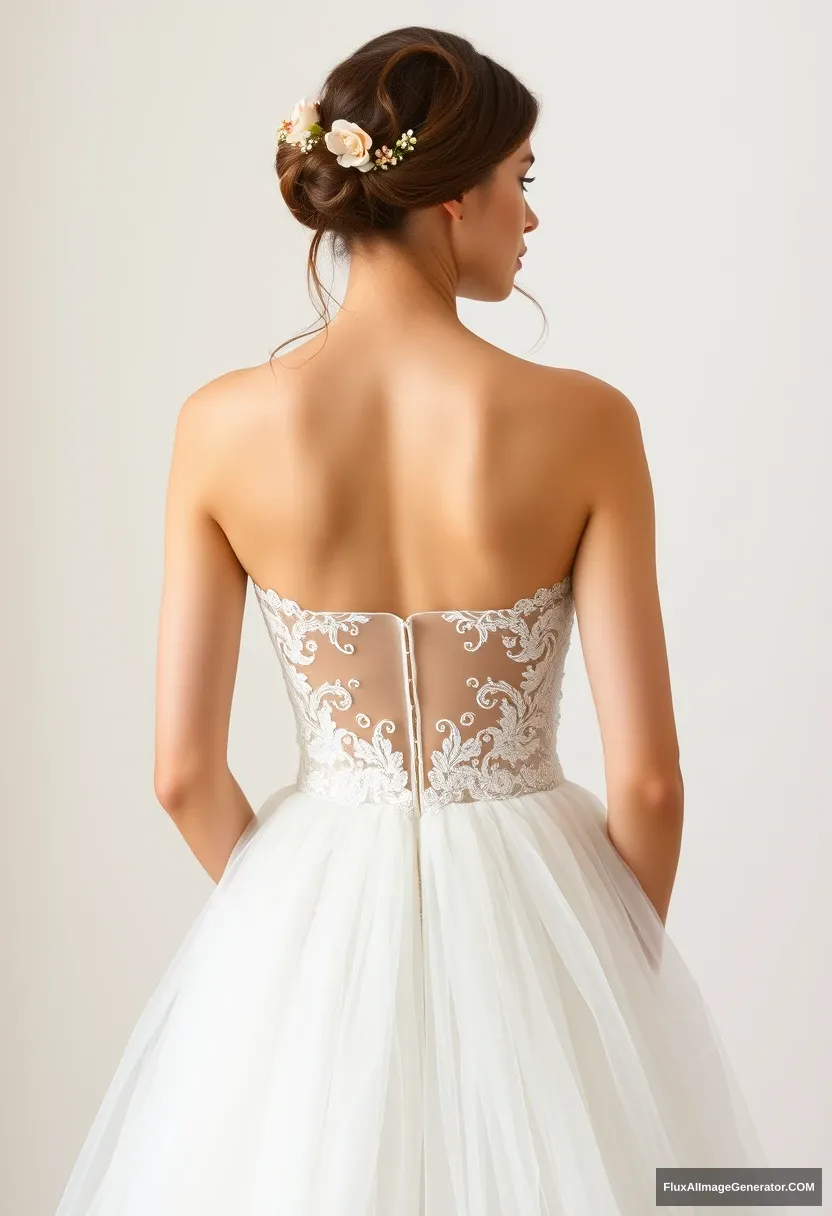 a young woman, sensitive, delicate, ashamed, backless strapless low-waisted airy tutu-inspired wedding dress - Image