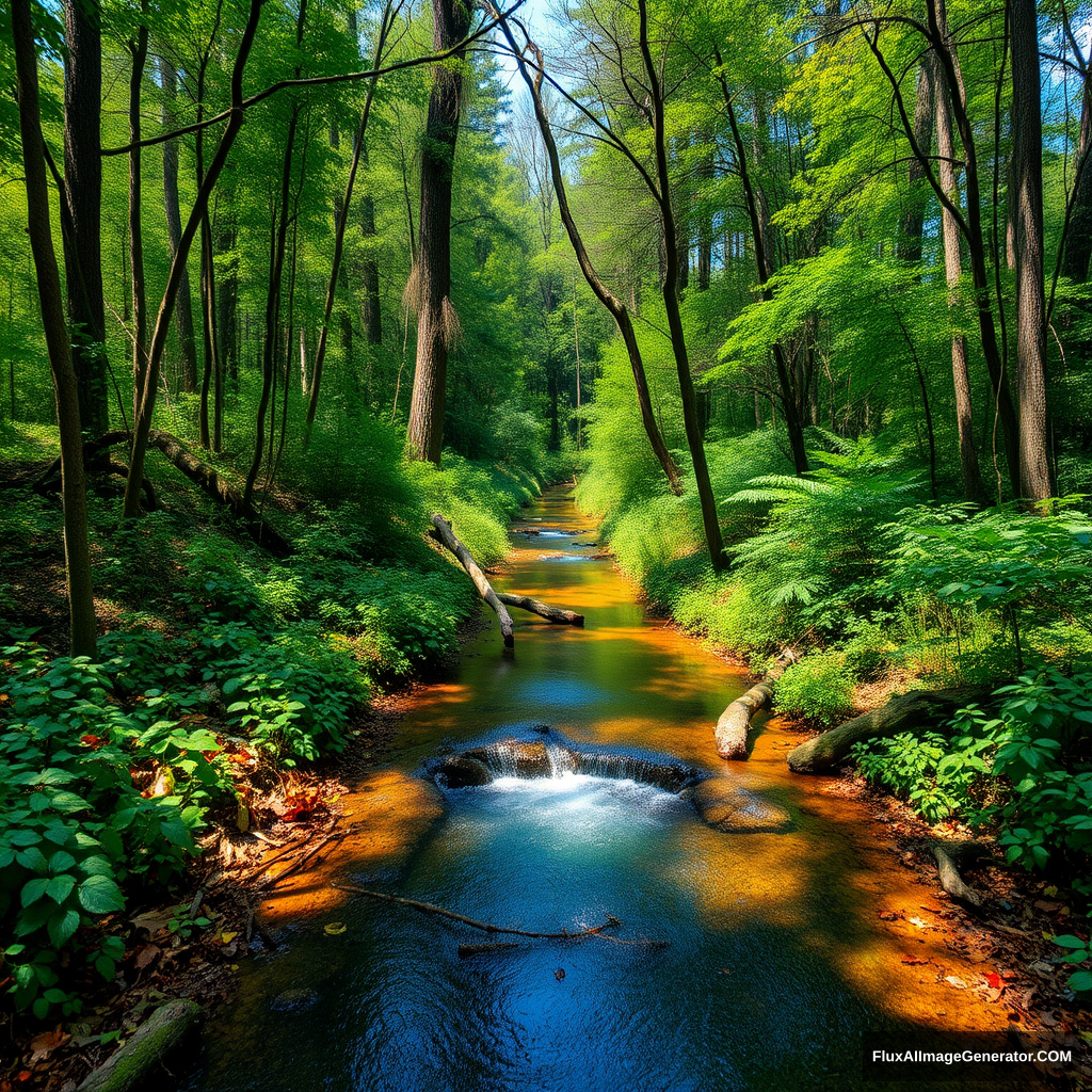 A dense forest filled with various types of trees, a small stream flowing out from the center of the forest. The water of the stream is crystal clear, reflecting the blue sky and the surrounding greenery. There are fallen leaves and branches floating on the surface of the stream. The forest is alive with the sounds of birds and insects. --hd --v 5