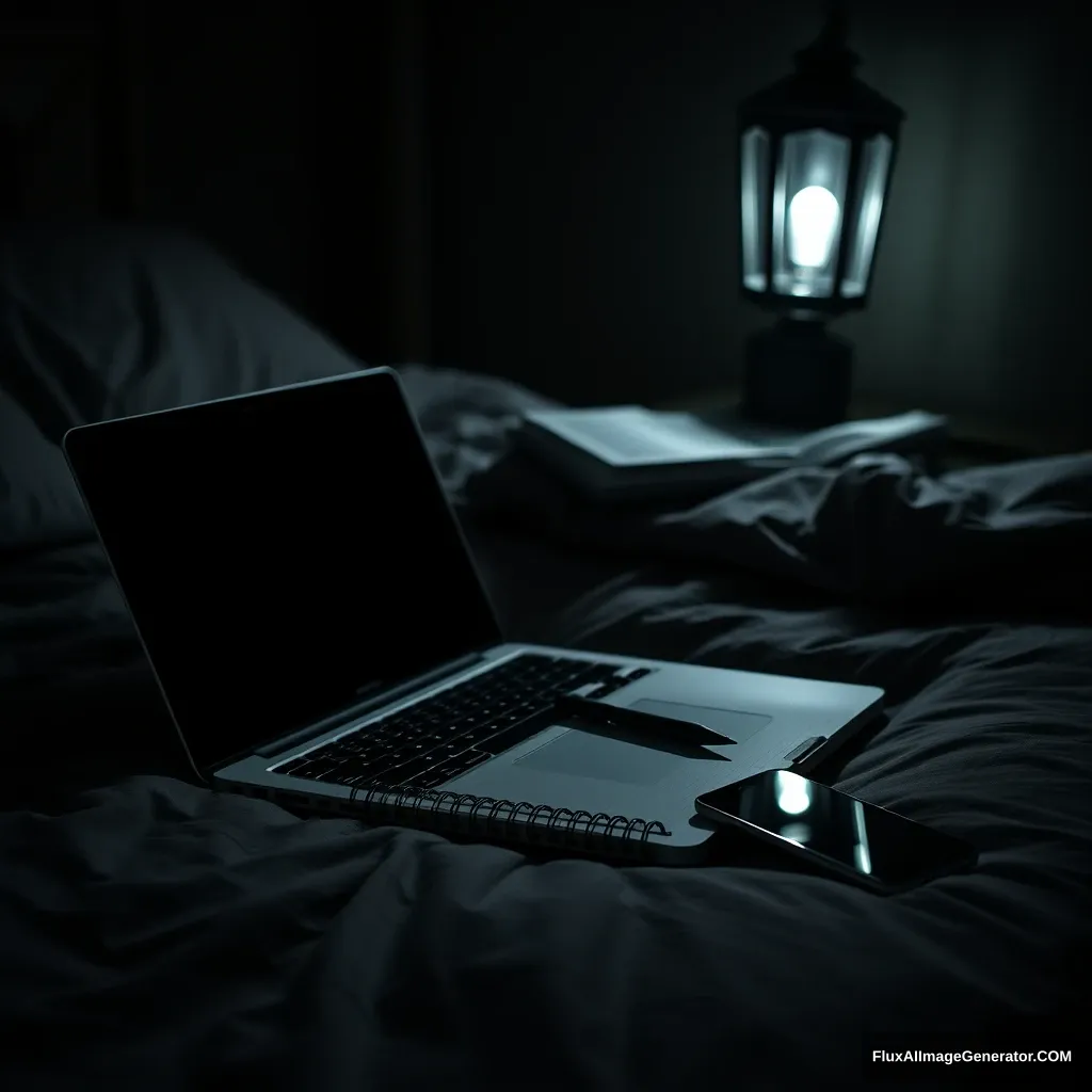 On a laptop, notebook, a pen, phone, on a bed, hyper-realistic, studio photography, lantern light, gloomy.