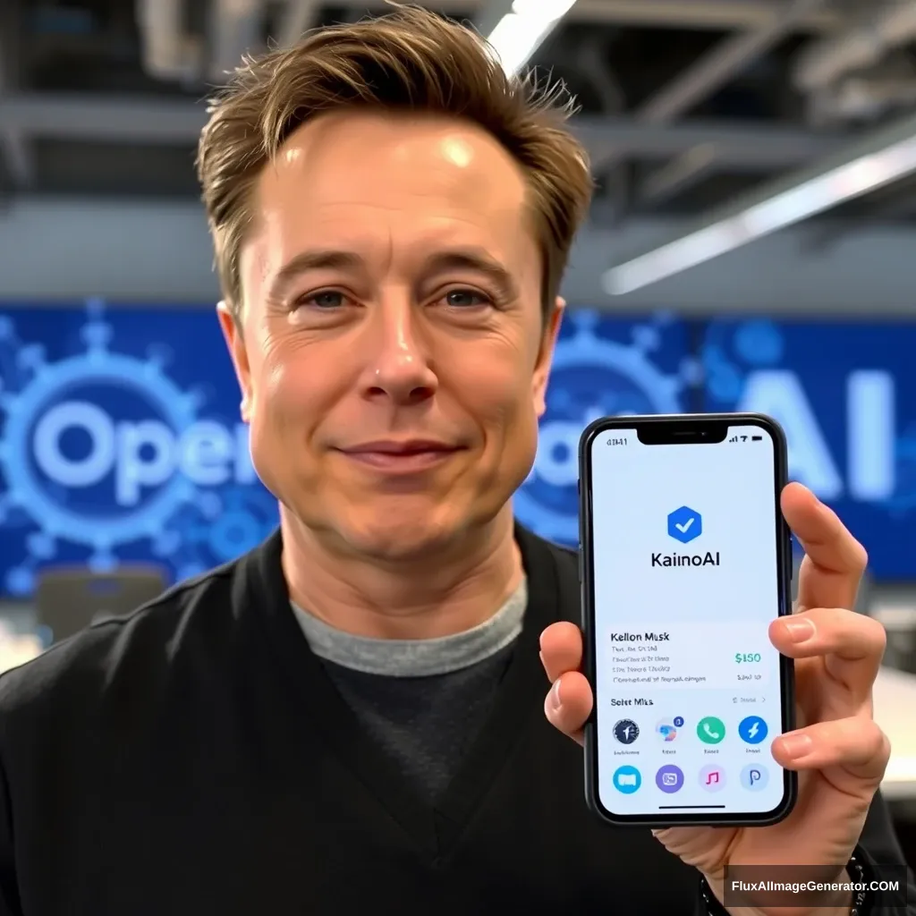 Elon Musk holds a phone and the phone screen shows the KainoAI app, with the background at the OpenAI office. - Image