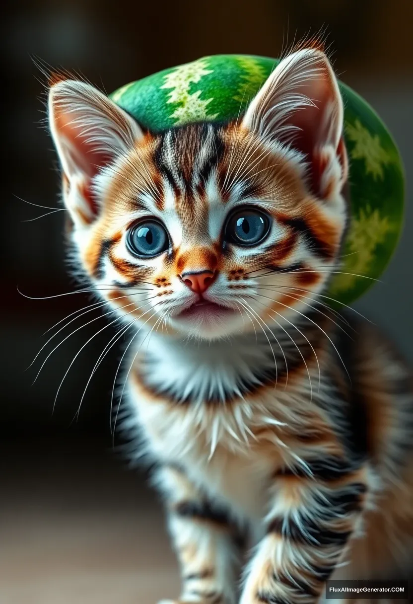 Kitten, wearing a watermelon rind on her head, looking towards the camera, panoramic view, light tracing, global lighting effects, 2k.