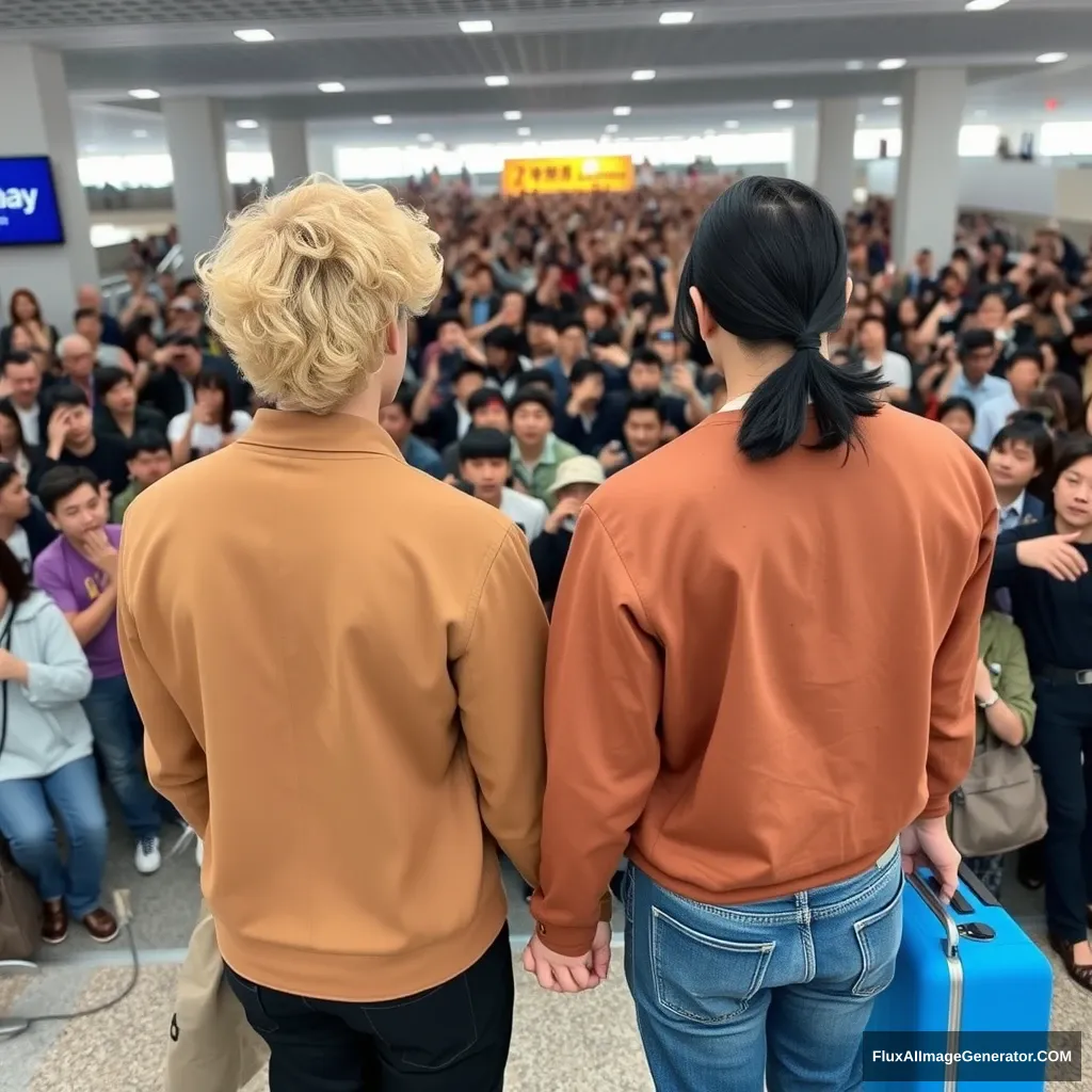 A man with curled, blonde, ear-length hair and a man with low pony-tailed ebony hair are holding each other's hands in front of a huge crowd of fans at the airport, showing their backs. Both are styled like K-pop idols, and the blonde man is taller. - Image