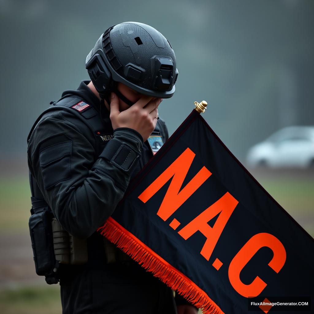 A soldier in dark gear lowered his head and covered his face with his hand in shame, holding a flag with the black and orange inscription "N.A.C." - Image