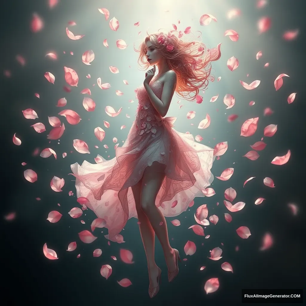 "Special effects of the body turning into scattered petals, two-dimensional beautiful girl." - Image