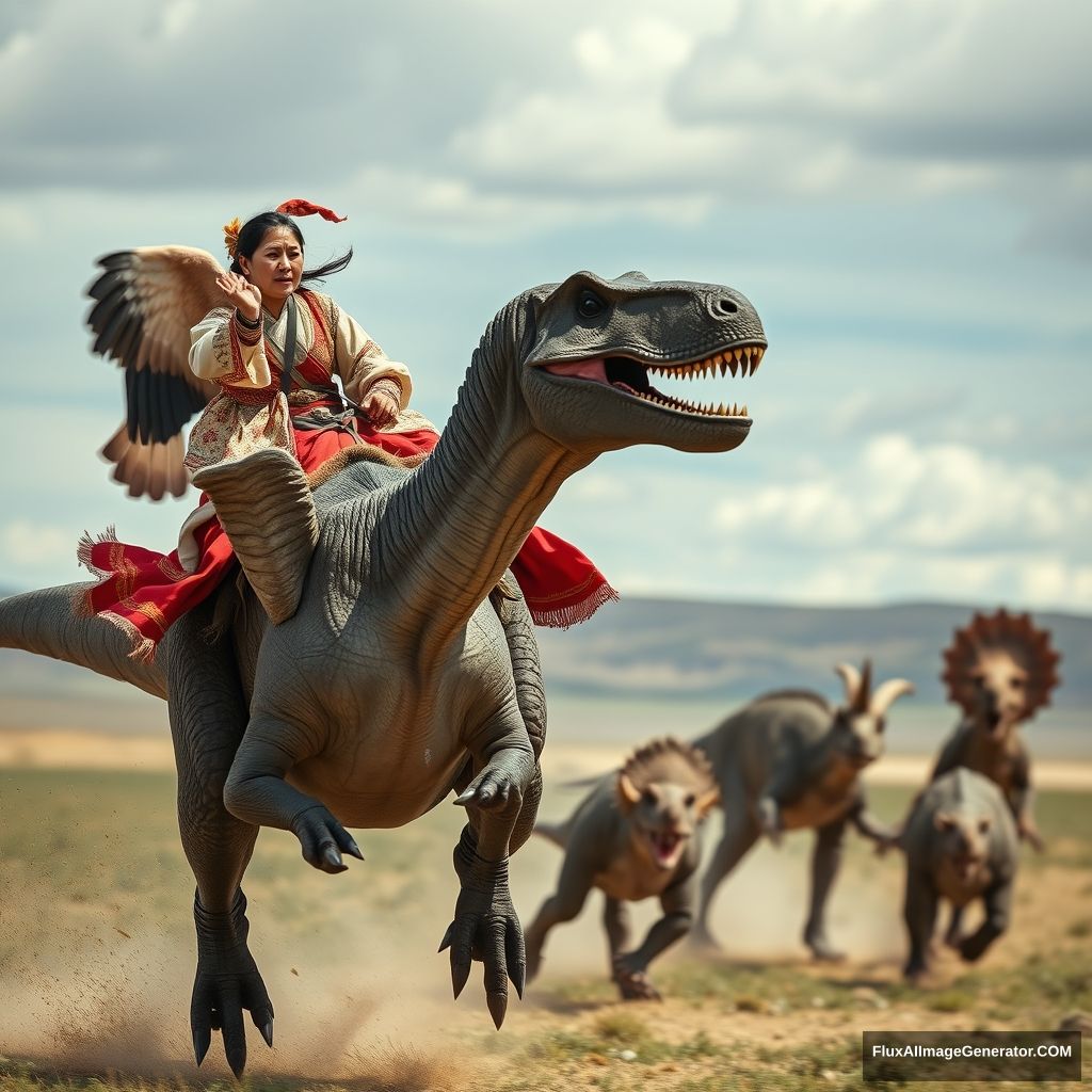 Close-up cinematic shot of a 20-year-old Mongolian woman wearing traditional Mongolian clothing riding a galloping T-rex at high speed, with a Pterodactyl sitting on its left hand, and a pack of Velociraptors and a Triceratops running together in the Mongolian steppe, realistic photo. - Image