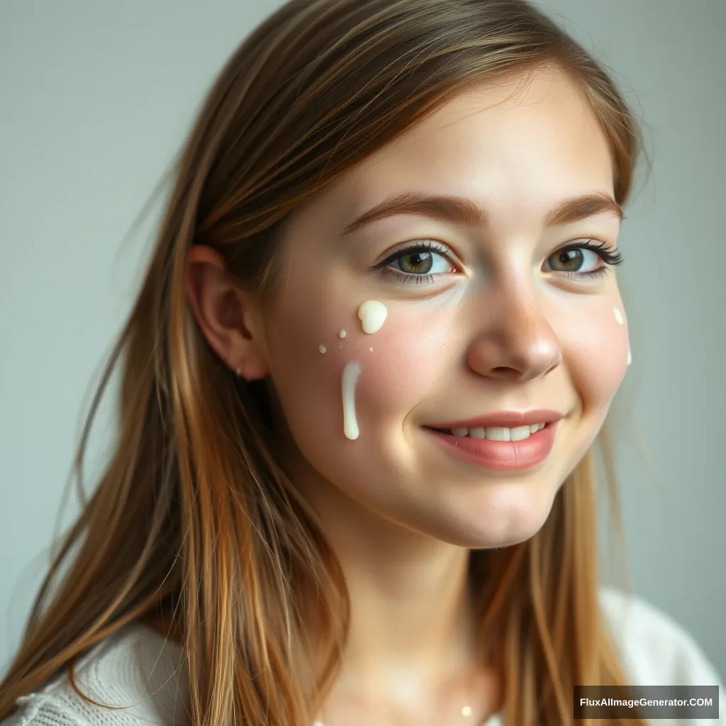 24-year-old college girl with a lot of banana milk droplets on her face.