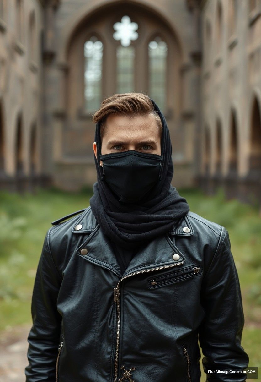 Jamie Dornan's head and body shot, handsome, face mask black, black leather jacket, dating, love with the biggest black hijab Muslim girl, not tall, beautiful eyes, face mask, maroon leather jacket, biggest black skirt, hyper-realistic, studio photography, full body photo, explore at an abandoned castle.