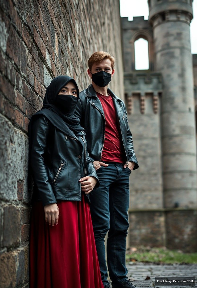 A biggest black hijab girl, beautiful eyes, face mask black, black leather jacket, biggest red longest dress, untall,

Jamie Dornan, handsome, face mask black, fit and tough body, metal red t-shirt, black leather jacket, jeans, tall man,

standing near wall together,
Hyper realistic, photorealistic, street photography, Victoria's abandoned castle, gloomy. - Image